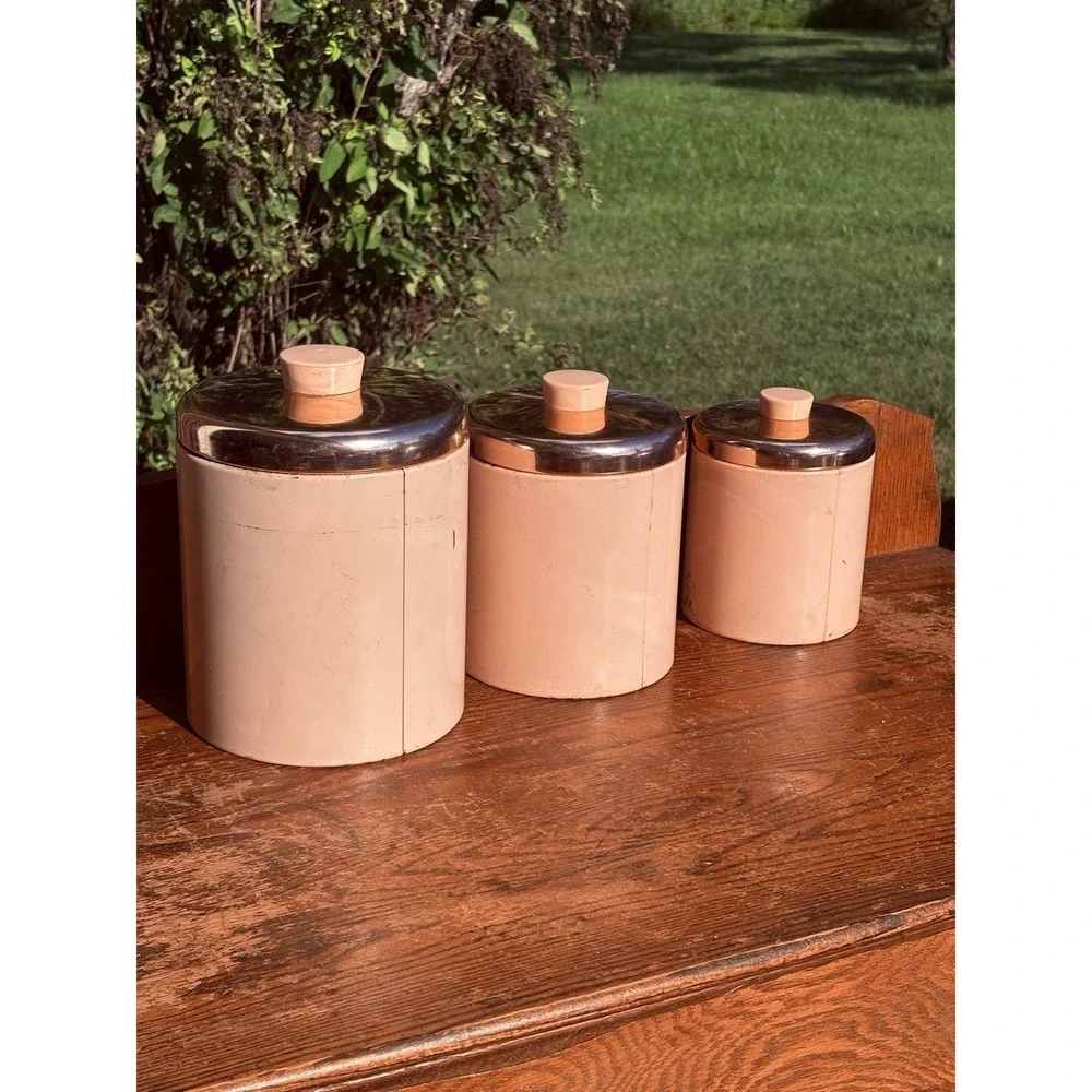 Vintage Set Of 3 Ransburg  Indianapolis Metal Canisters Rooster Pink Copper Nest